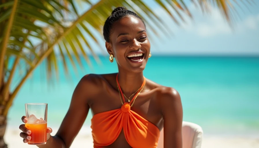 Young woman with glossy tan skin wearing a vibrant coral halter top and cream wide-leg trousers at a sunny Miami outdoor café, coral color harmonizing beautifully with bronzed skin and warm afternoon light.