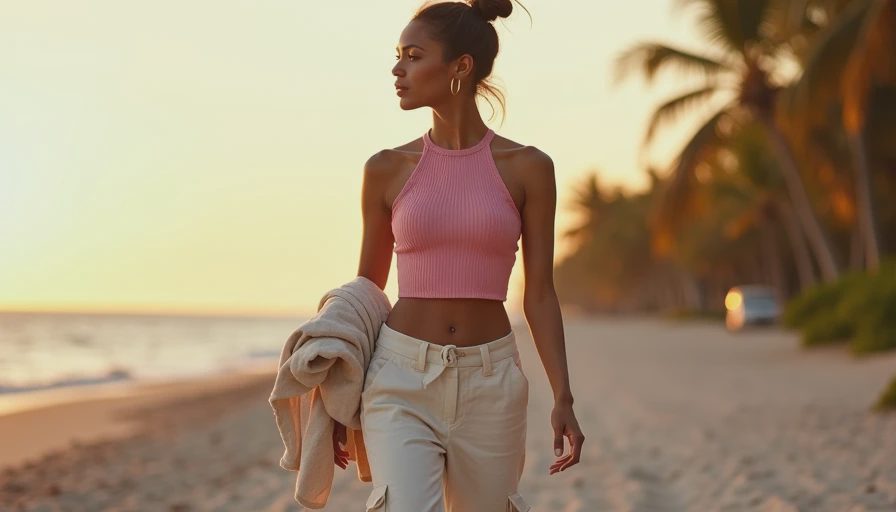Tiny top and low-rise balance outfit formula — Heatwave Darling Young woman wearing tiny crop top and low-rise wide-leg pants demonstrating the one tiny piece one coverage piece balance rule, walking on Miami beach boardwalk at golden hour.