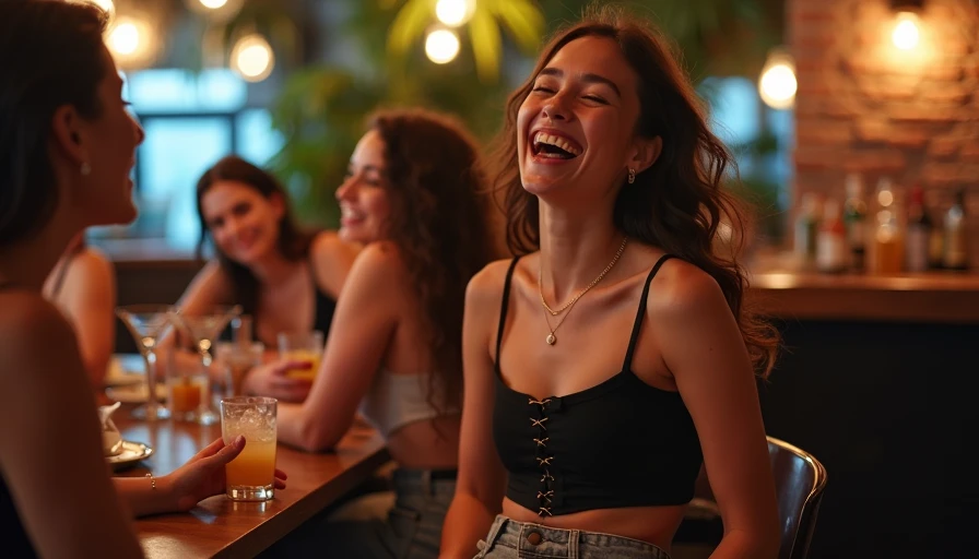 Young woman wearing a black Princess Polly corset-style crop top with relaxed wide-leg jeans sitting comfortably at a Miami cocktail bar, reaching for her drink while laughing, proof the top works in real life not just photos.