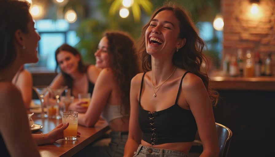 Corset-style crop top under $40 — going-out top that works sitting down — Heatwave Darling Young woman wearing a black Princess Polly corset-style crop top with relaxed wide-leg jeans sitting comfortably at a Miami cocktail bar, reaching for her drink while laughing, proof the top works in real life not just photos.