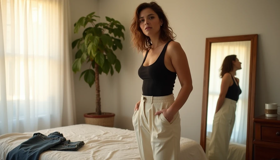 Young woman standing in front of a mirror in a bright Miami bedroom wearing cream wide-leg trousers and a black fitted tank top, looking at her reflection with a surprised happy expression, rejected ill-fitting clothes visible on the bed behind her.