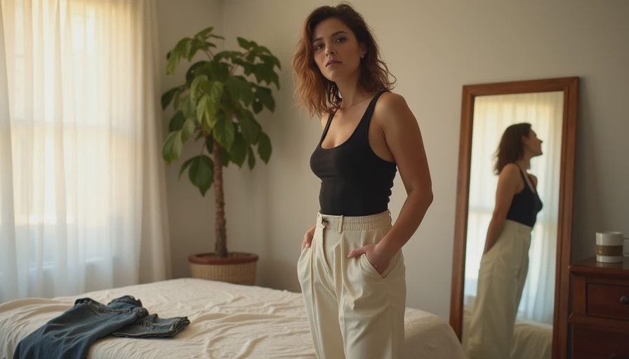 The outfit that changed my confidence — cream wide-leg trousers and black tank — Heatwave Darling Young woman standing in front of a mirror in a bright Miami bedroom wearing cream wide-leg trousers and a black fitted tank top, looking at her reflection with a surprised happy expression, rejected ill-fitting clothes visible on the bed behind her.