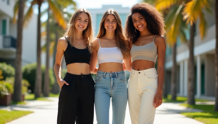 Three young women wearing crop top and high-waisted wide-leg pants outfit formula that makes legs look longer, standing on a sunny campus pathway with palm trees in Miami.
