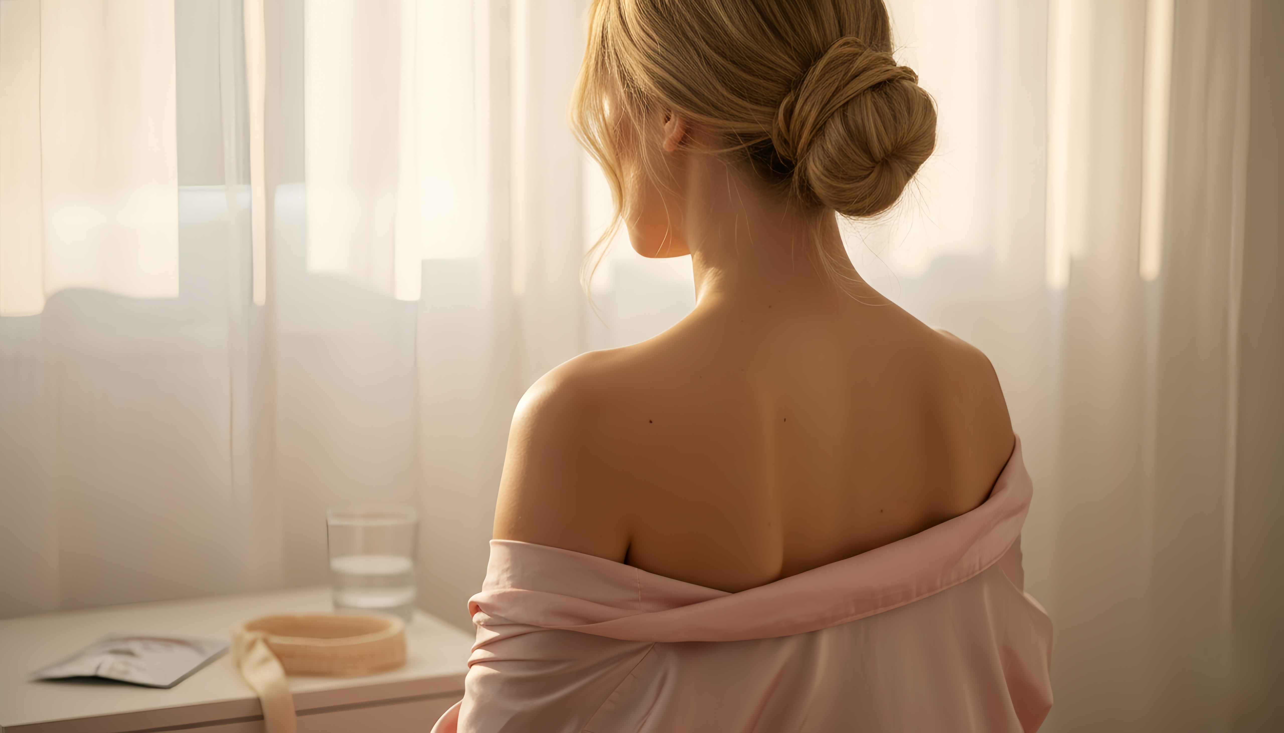 Close-up of a young woman applying a hydrating sheet mask from the KONEUK 120 pcs spa kit onto her face, the dewy mask clinging smoothly to clean skin.