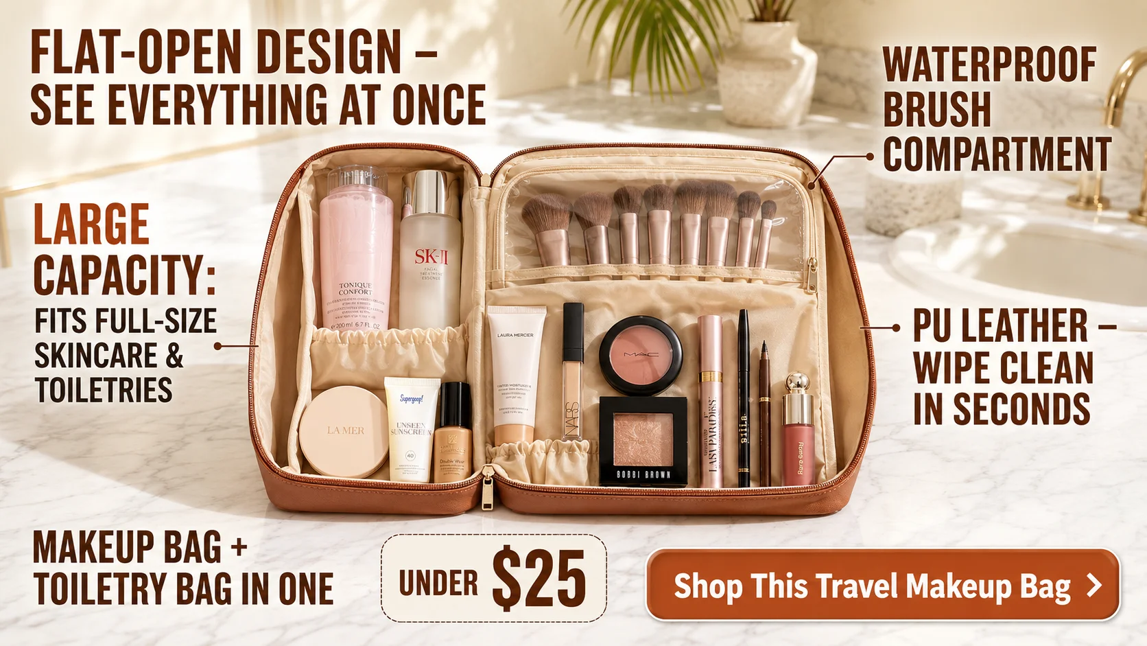 EACHY flat open makeup bag with full skincare and brushes displayed, featuring waterproof PU leather design, shop this travel makeup bag now