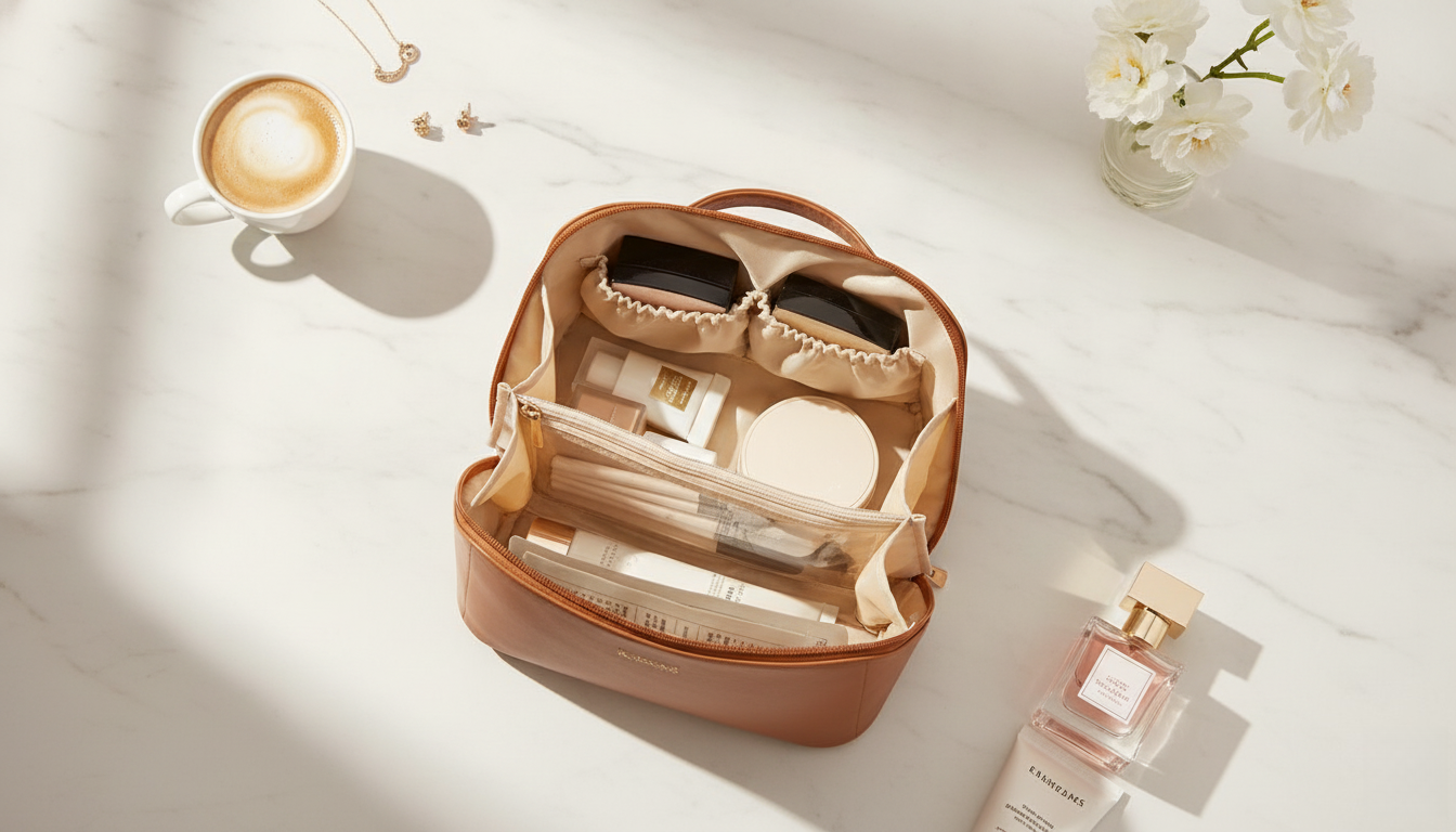 EACHY caramel brown PU leather travel makeup bag flat open on marble vanity with gold jewelry, latte, perfume, moisturizer and white flowers, Miami girl morning aesthetic