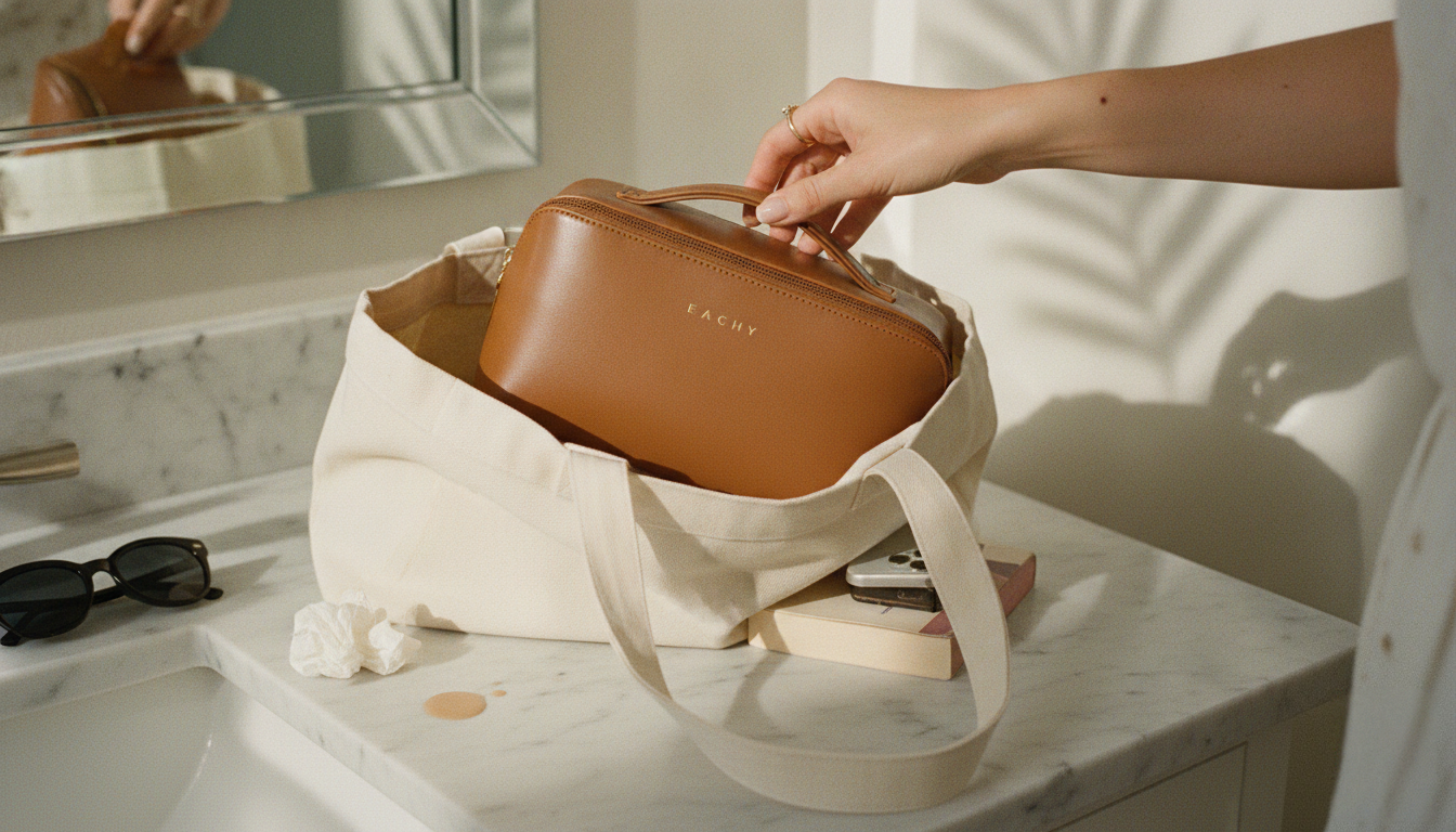 Woman's hand pulling a structured caramel brown PU leather makeup bag out of a canvas tote on a marble bathroom counter, the bag looks expensive and wipes clean easily, Miami morning light