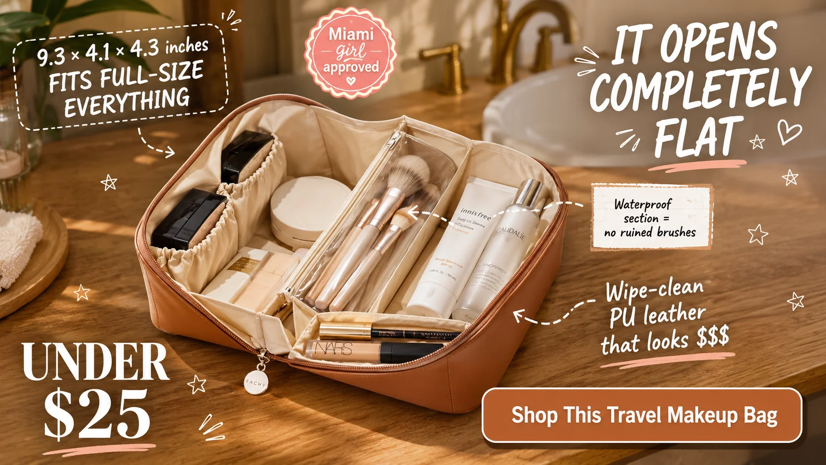 EACHY flat open travel makeup bag with callouts showing waterproof brush compartment, large capacity, and wipe-clean PU leather, shop this travel makeup bag