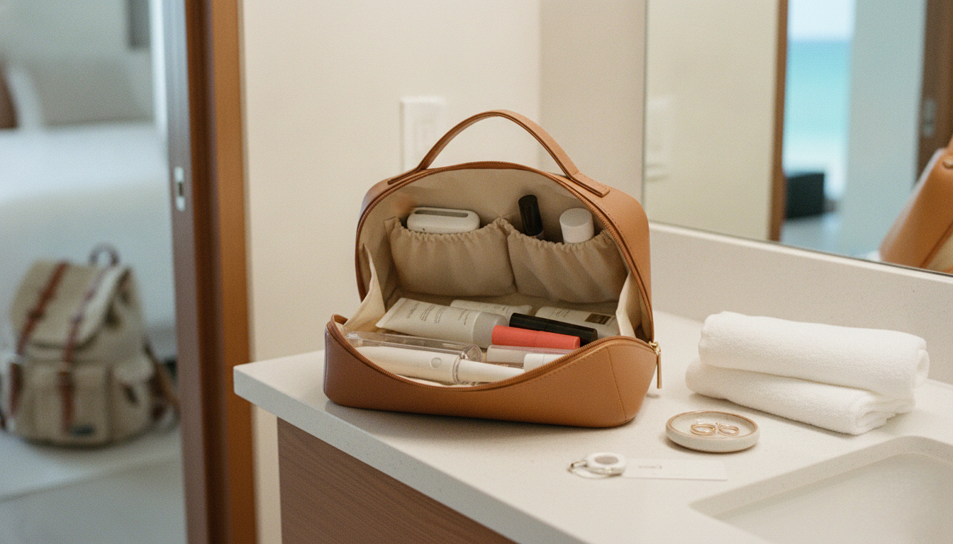 Open caramel brown PU leather makeup bag doubling as a toiletry bag on a Miami hotel bathroom counter, holding toothbrush, face wash, moisturizer, SPF, and makeup, backpack visible in background, carry-on travel morning routine